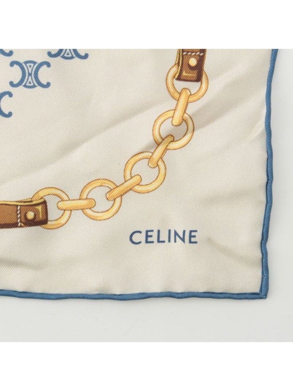Celine Silk Triomphe Logo Chain Pattern Large Scarf Ivory Blue - Picture 6 of 9